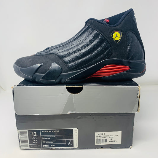 Jordan 14 Retro Last Shot 2011 sneakers, size 12, black and red with box.