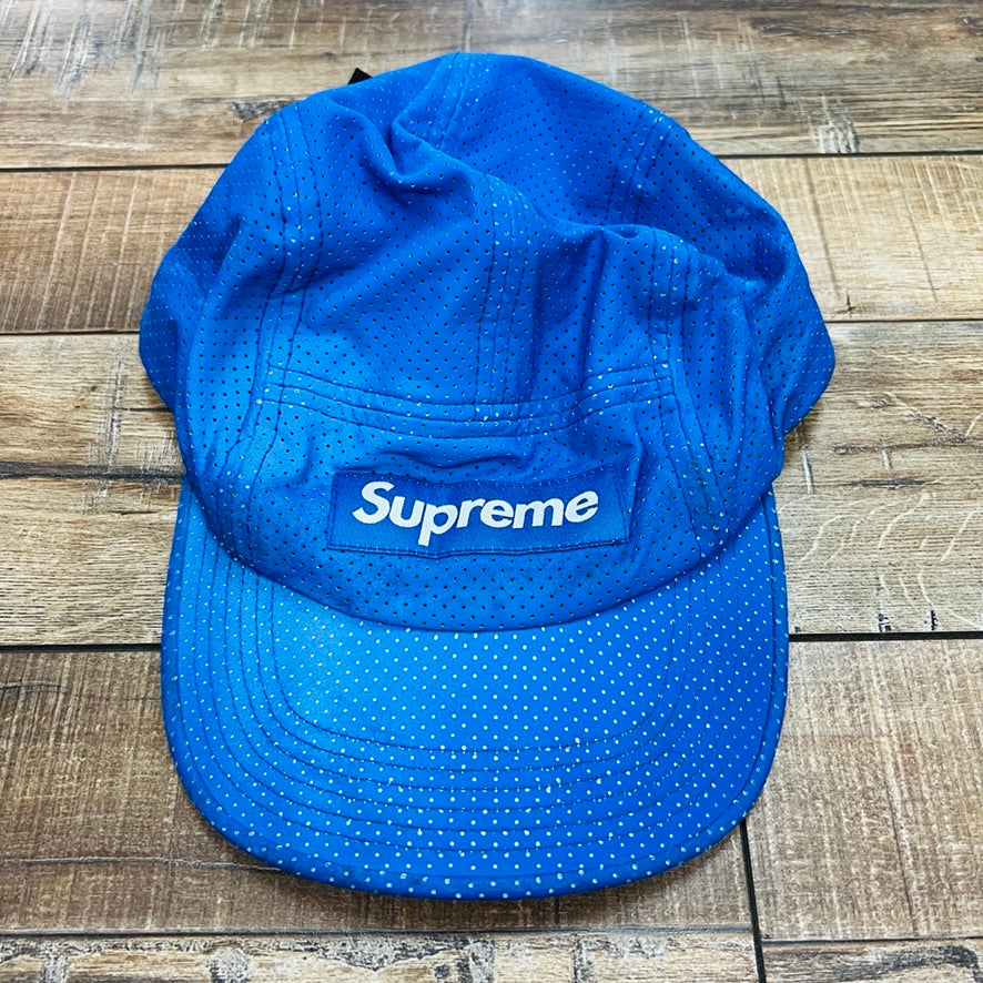 Supreme Camp Hat Blue on wooden background