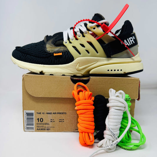 Nike Air Presto Off-White sneaker with box and colorful laces.