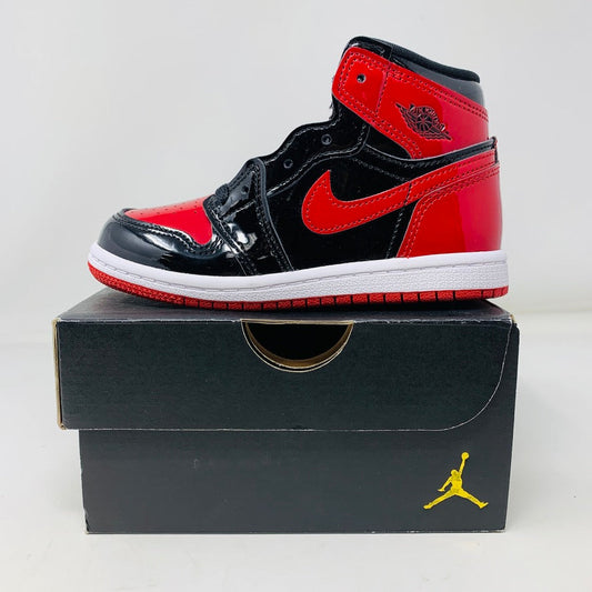 Jordan 1 Retro High OG Patent Bred TD toddler sneakers, brand new, 2021 edition, black and red patent leather, on box.