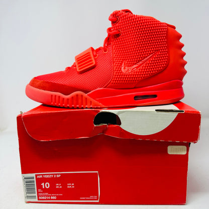 Nike Air Yeezy 2 Red October sneakers, size 10M, brand new in slightly damaged box, includes dustbag, 2014 release.