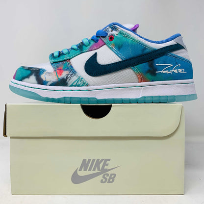 Nike SB Dunk Low Futura Laboratories Bleached Aqua sneaker with vibrant colorway on shoe box.