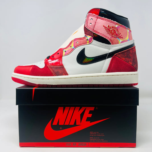 Jordan 1 High Spider-Man sneaker with red and black web-like detailing on display box.