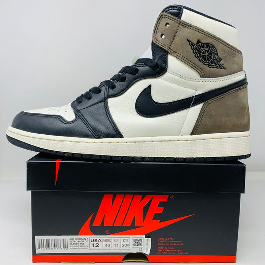 Jordan 1 Retro High Dark Mocha sneaker, size 12, with worn soles and original box.