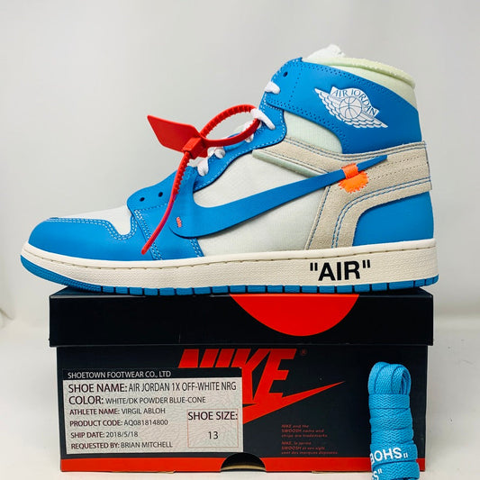 Jordan 1 Retro High Off-White University Blue sneaker on display.