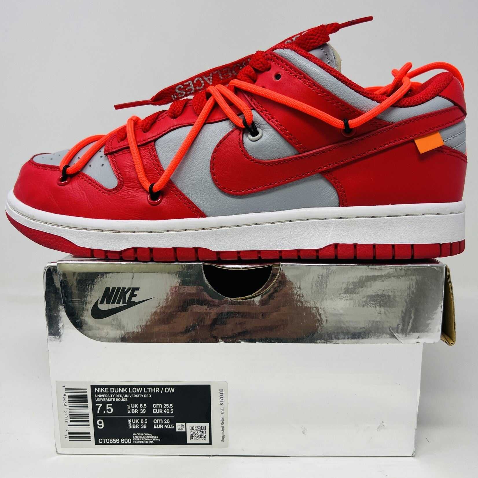 Nike Dunk Low Off-White University Red sneakers, lightly worn with good box condition, includes zip tie accessory.