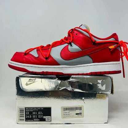 Nike Dunk Low Off-White University Red sneaker with original box and ziptie accessory, 2019 edition.