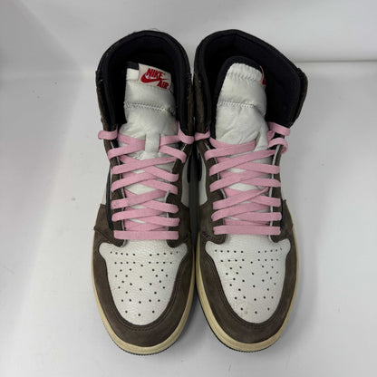 Jordan 1 Retro High OG SP Travis Scott Mocha shoes in mocha colorway with pink laces.