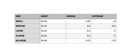 Size chart for Holy Ground Athletic Shorts Blue, showing waist, inseam, and outseam measurements from small to XX-large.