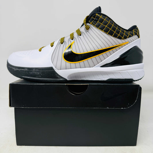 The Nike Kobe 4 Protro White Black Del Sol is a brand-new, authentic Nike sneaker on a shoebox. Predominantly white, it features black and yellow accents with a swoosh logo, a black sole, and yellow-speckled laces, designed for performance and comfort.