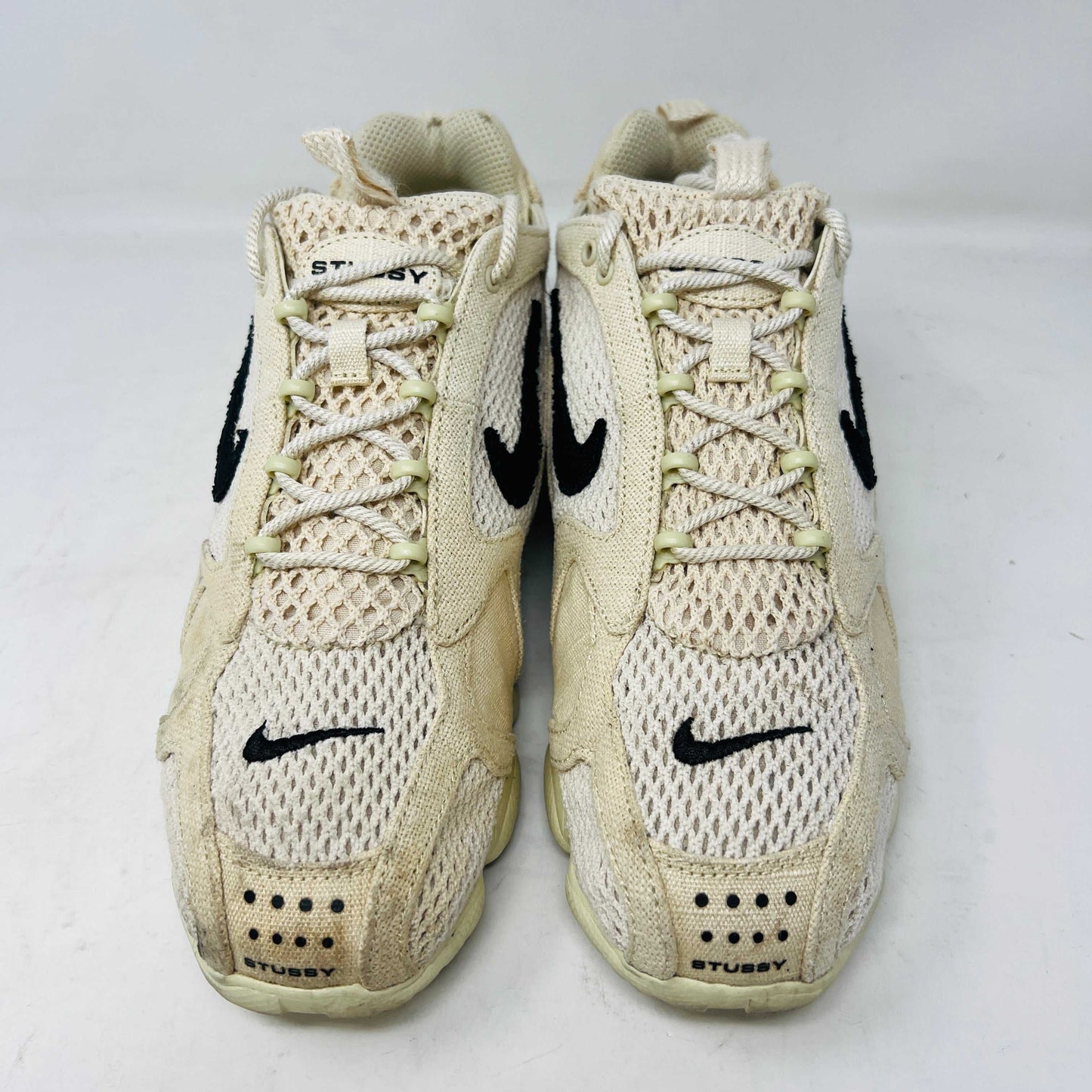 Nike Air Zoom Spiridon Cage 2 Stussy Fossil sneakers with slight heel drag, 2020 model, displayed on original box.