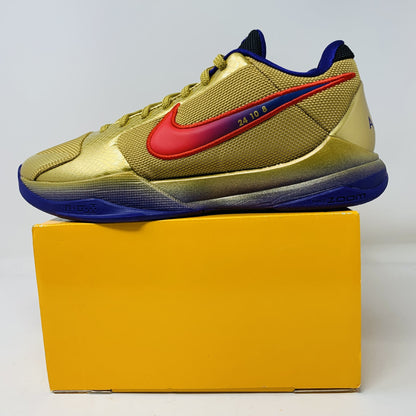 Nike Kobe 5 Protro Undefeated Hall of Fame sneaker in gold with red Swoosh, new condition, on yellow box.