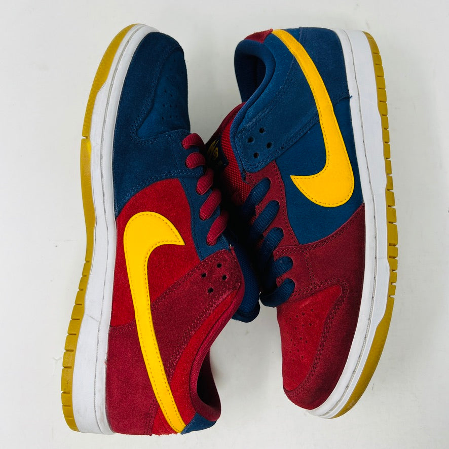 Nike SB Dunk Low Barcelona sneakers with red, blue, and yellow design, size 8.5, condition 8.5/10, 2021 release.