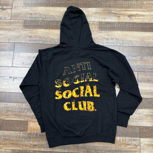 Black hoodie with "Anti Social Social Club" flame design, size medium, brand new condition.