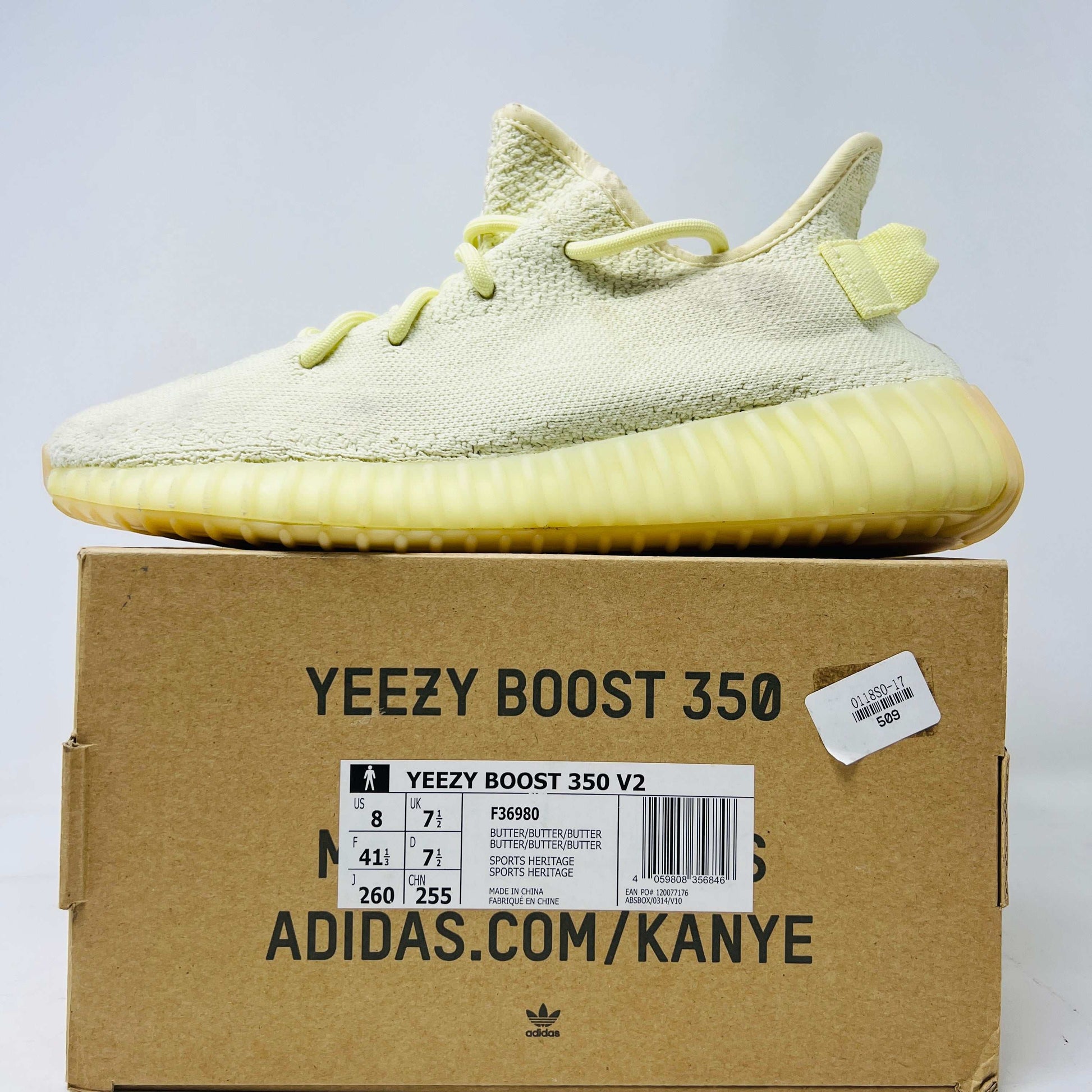 adidas Yeezy Boost 350 V2 Butter sneakers on box, size 8, condition 8/10, 2018 release.