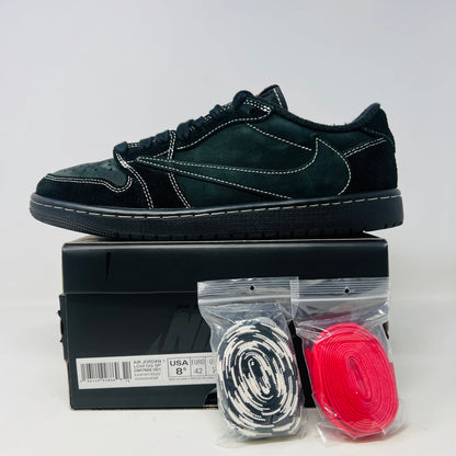 Jordan 1 Retro Low OG SP Travis Scott Black Phantom shoes with accessories, clean uppers, 2022 edition.