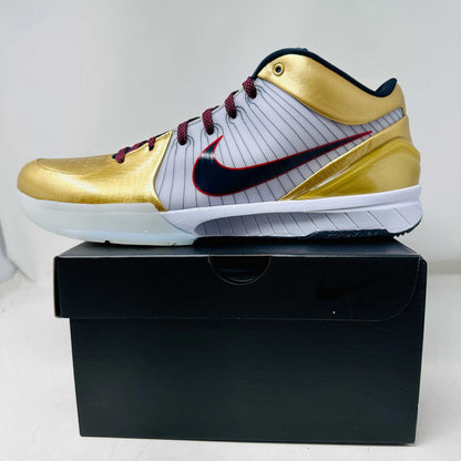 Nike Kobe 4 Protro Gold Medal 2024 basketball shoe in gold and black on box.