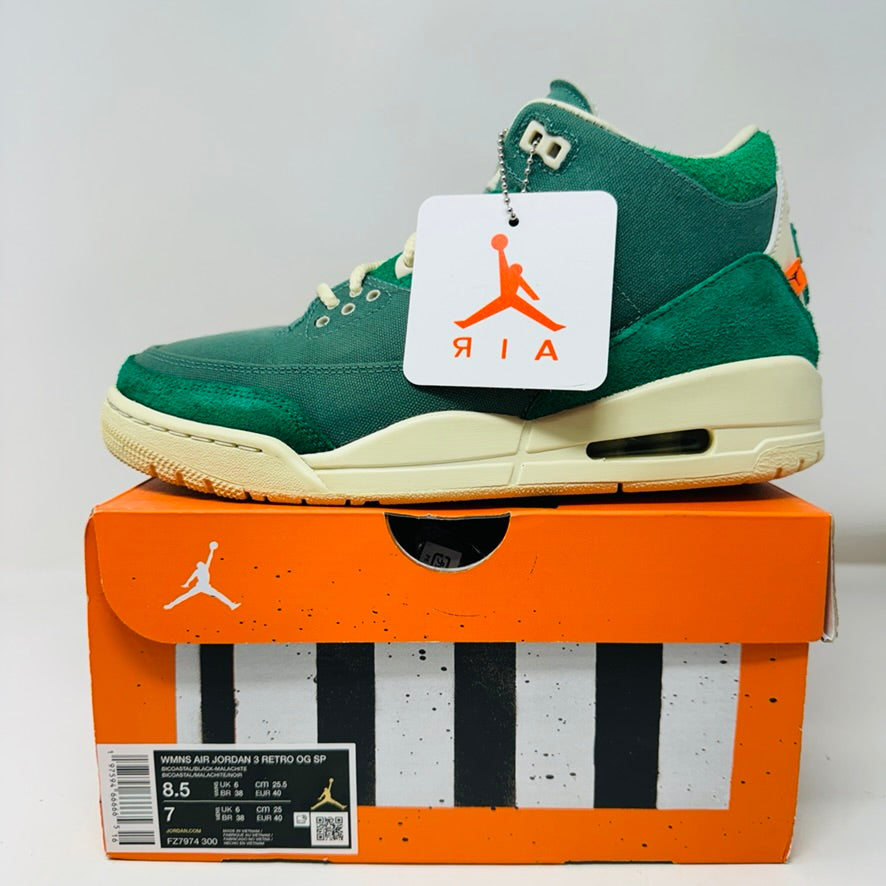 Jordan 3 Retro SP Nina Chanel Abney Bicoastal sneakers in size 8.5W with orange lace and hang tag on box.