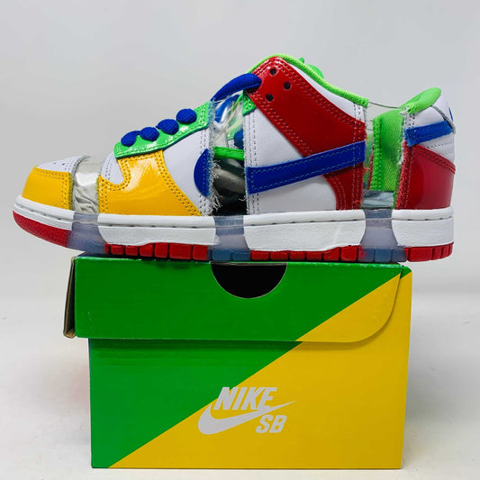 Nike SB Dunk Low Sandy Bodecker EBAY sneaker with colorful patchwork design on a green and yellow box.