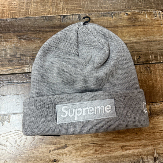 Supreme New Era Box Logo Beanie FW24 in Heather Grey, brand new condition.