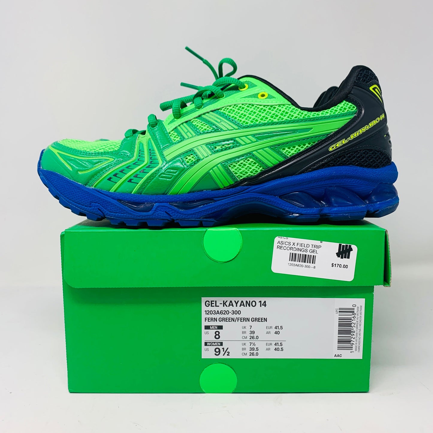 ASICS Gel-Kayano 14 Field Trip Recordings Fern Green sneaker on box, size 8, excellent condition, 2024 model.