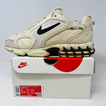 Nike Air Zoom Spiridon Cage 2 Stussy Fossil sneakers, beige colorway, 2020 release, lightly worn, size 12.5, displayed on original box.