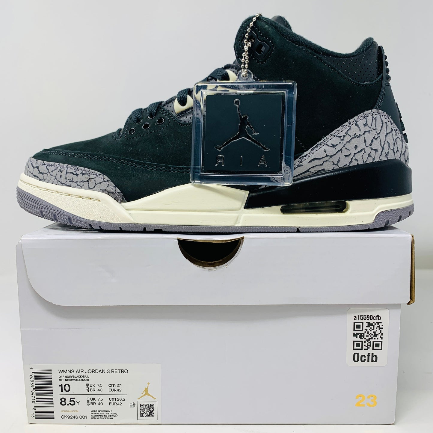 Jordan 3 Retro Off Noir (W) sneakers, size 10W, 2023 model, clean uppers, light wear, with extra laces.