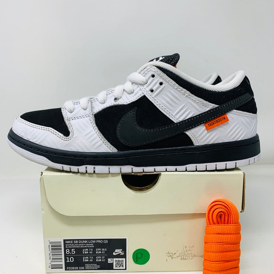 Nike SB Dunk Low TIGHTBOOTH, size 8.5, 2023, lightly worn, complete with orange laces and good box condition.