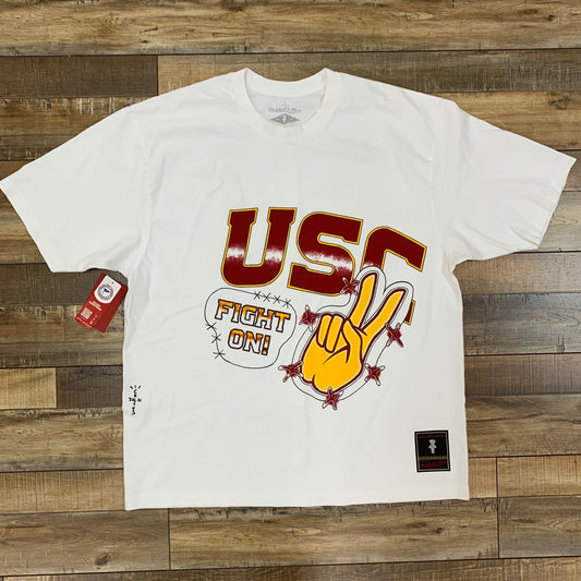 Travis Scott x Mitchell & Ness USC Trojans Hand-Drawn T-Shirt in White.