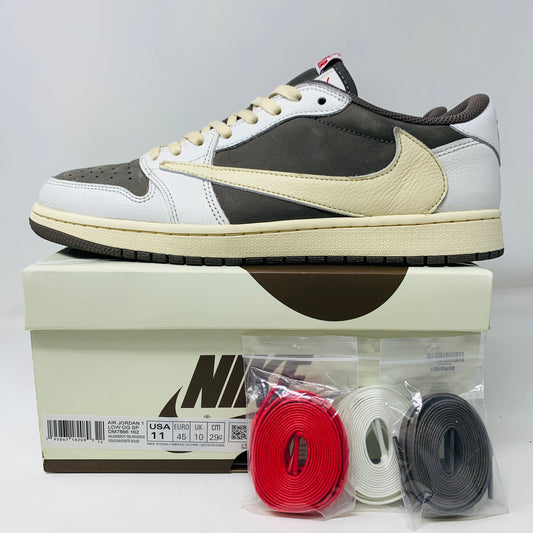 Jordan 1 Retro Low OG SP Travis Scott Reverse Mocha sneaker with extra laces on box.