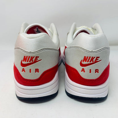 Nike Air Max 1 Anniversary Red 2017/2018 sneakers, brand new, rear view showing logo.