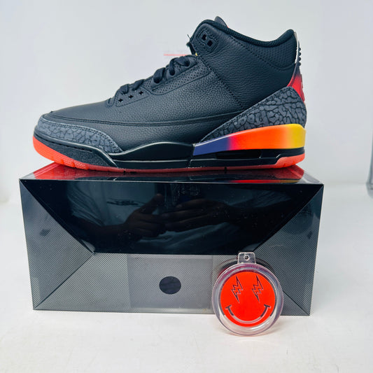 Jordan 3 Retro J Balvin Rio sneakers, new with orange laces and hang tag, two-tone sole design.