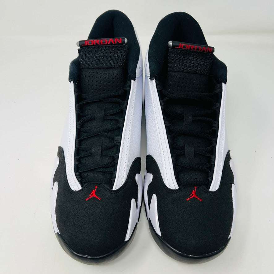 Jordan 14 Retro Black Toe 2024 sneakers in black, white, and red.