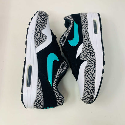 Nike Air Max 1 atmos Elephant 2017 sneaker with elephant print and teal swoosh.