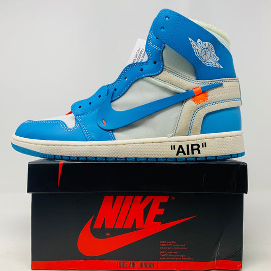 Jordan 1 UNC Off White sneaker with box, 2018 release.