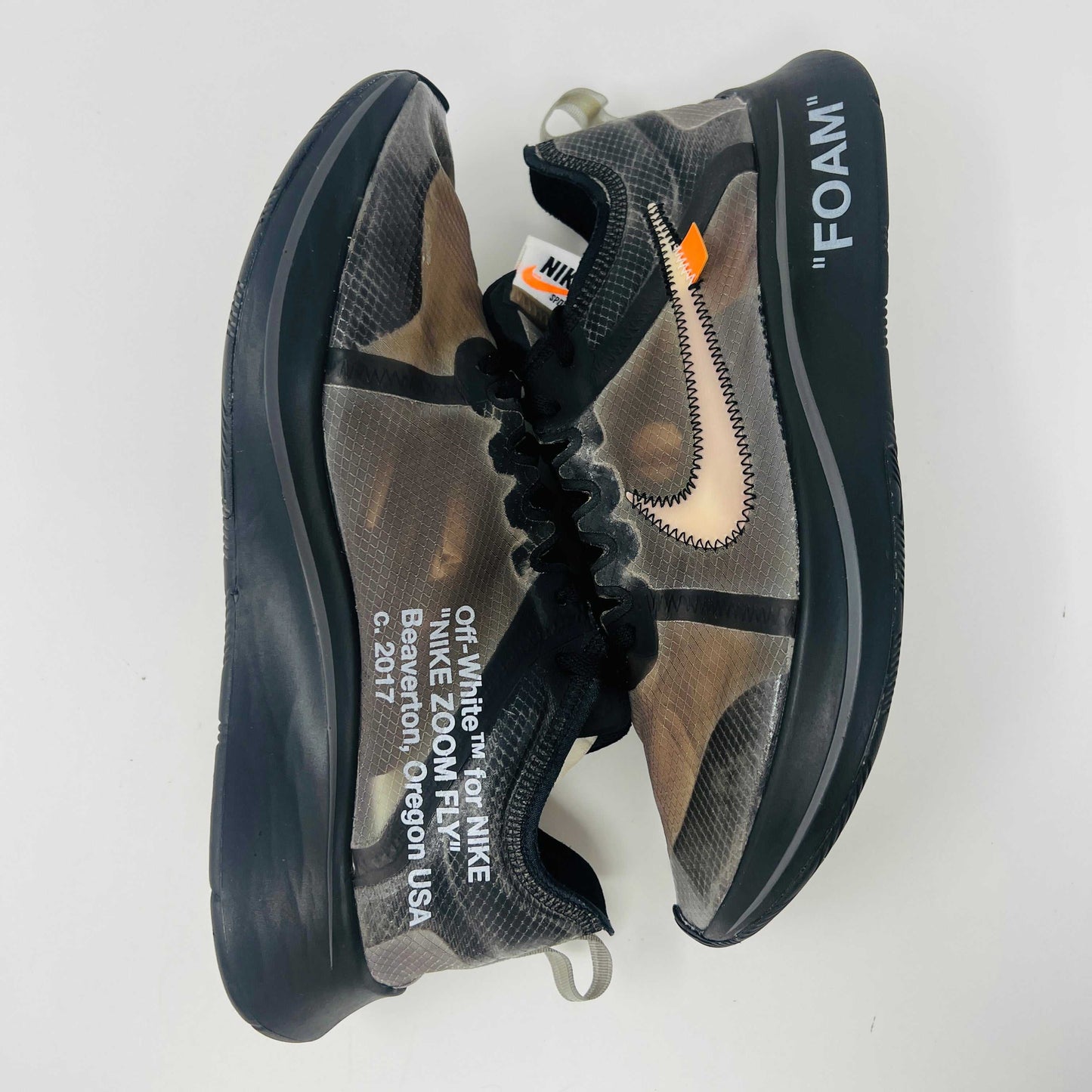 Nike Zoom Fly Off-White Black Silver sneakers, size 9.5, clean condition, 2018.