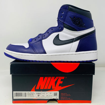 Jordan 1 Retro High Court Purple White shoes, size 9.5, on original box, showing wear, 2020 release.