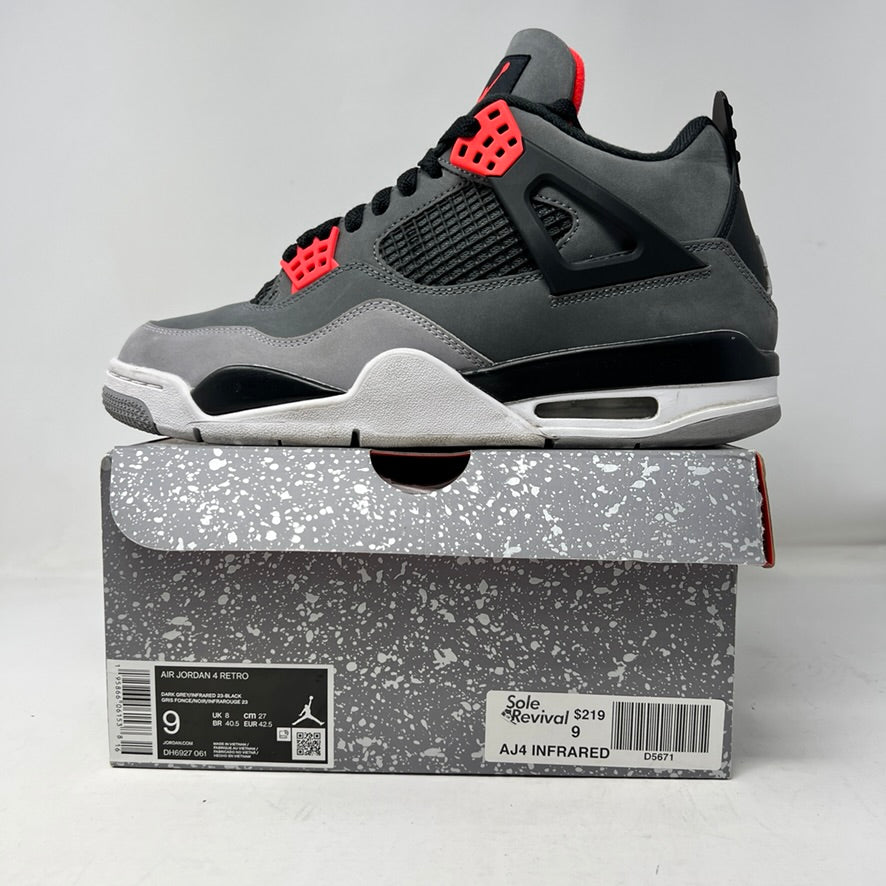 A pair of genuine Jordan 4 Retro Infrared sneakers in gray, black, and infrared is displayed on a speckled shoebox. Released in 2022, they feature a unique side mesh and infrared lace locks. The box labels them as size 9; note there are no returns.