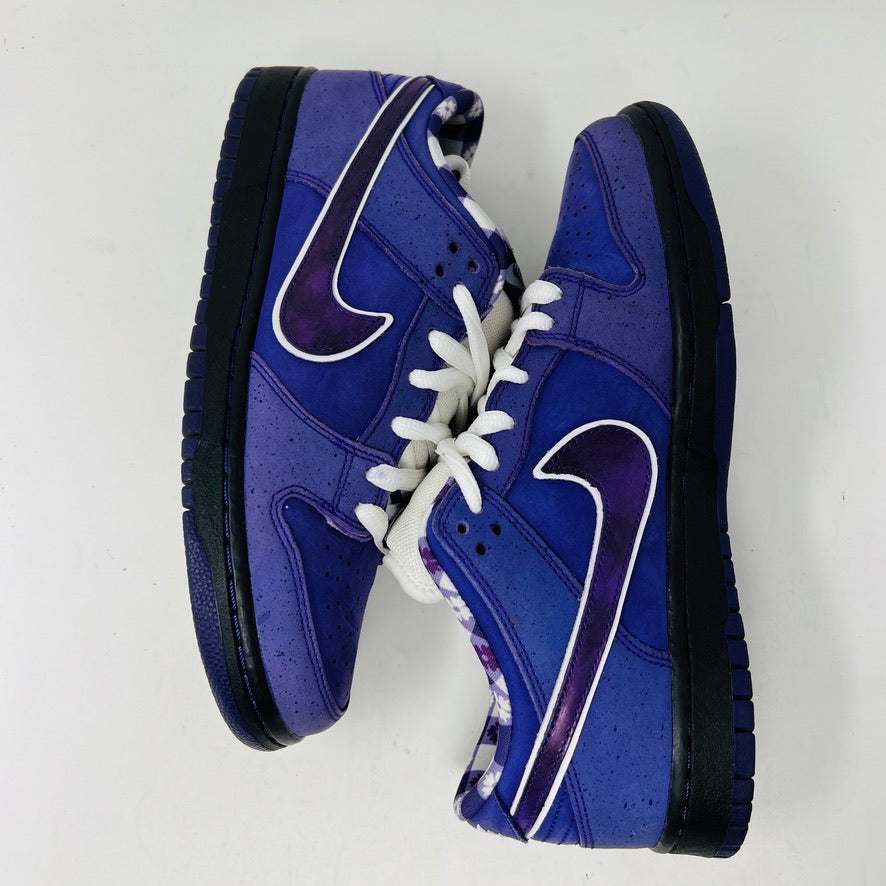 Nike SB Dunk Low Concepts Purple Lobster sneakers, size 9, worn condition, original box, released in 2018.