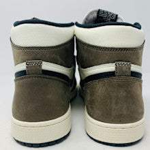 Jordan 1 Retro High Dark Mocha sneakers, brand new, 2020 release, rear view with extra laces.