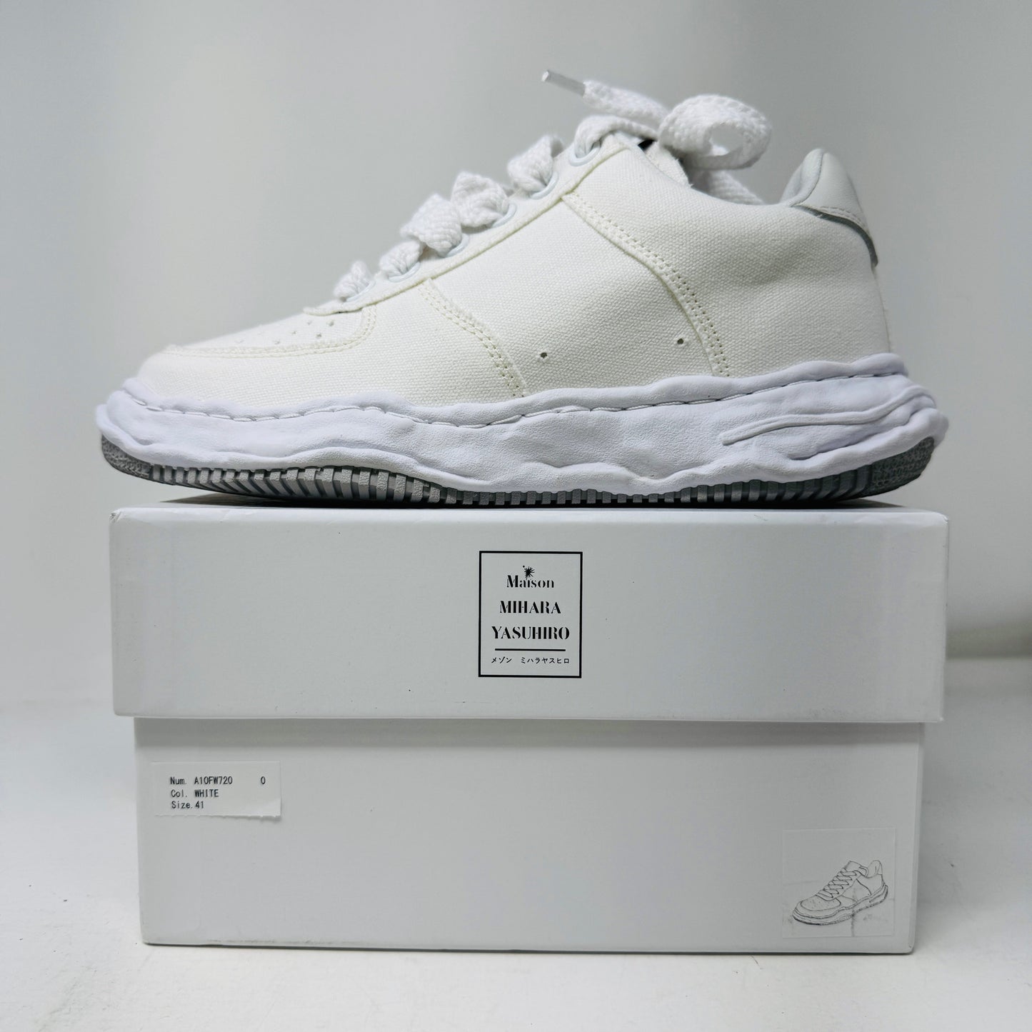 Maison Mihara Yasuhiro Wayne OG Sole Low White sneakers on box, size 9, good condition, includes dust bag.