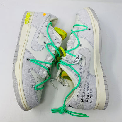 Nike Dunk Low Off White Lot 14 sneakers with green laces and zip tie, year 2021, brand new condition.