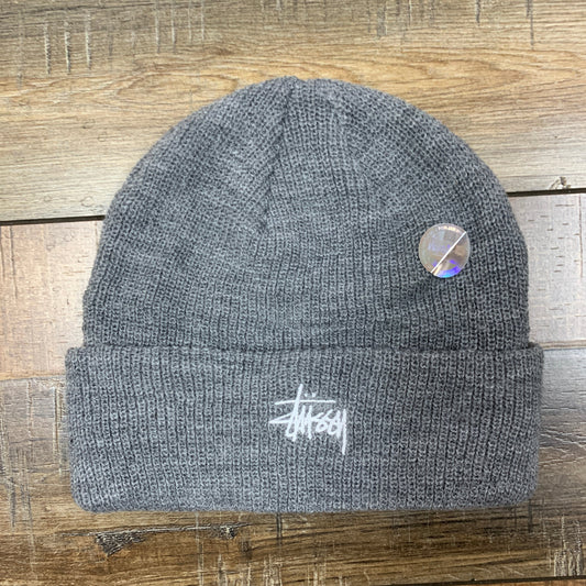 STUSSY Beanie Grey with embroidered logo, warm and versatile winter accessory.