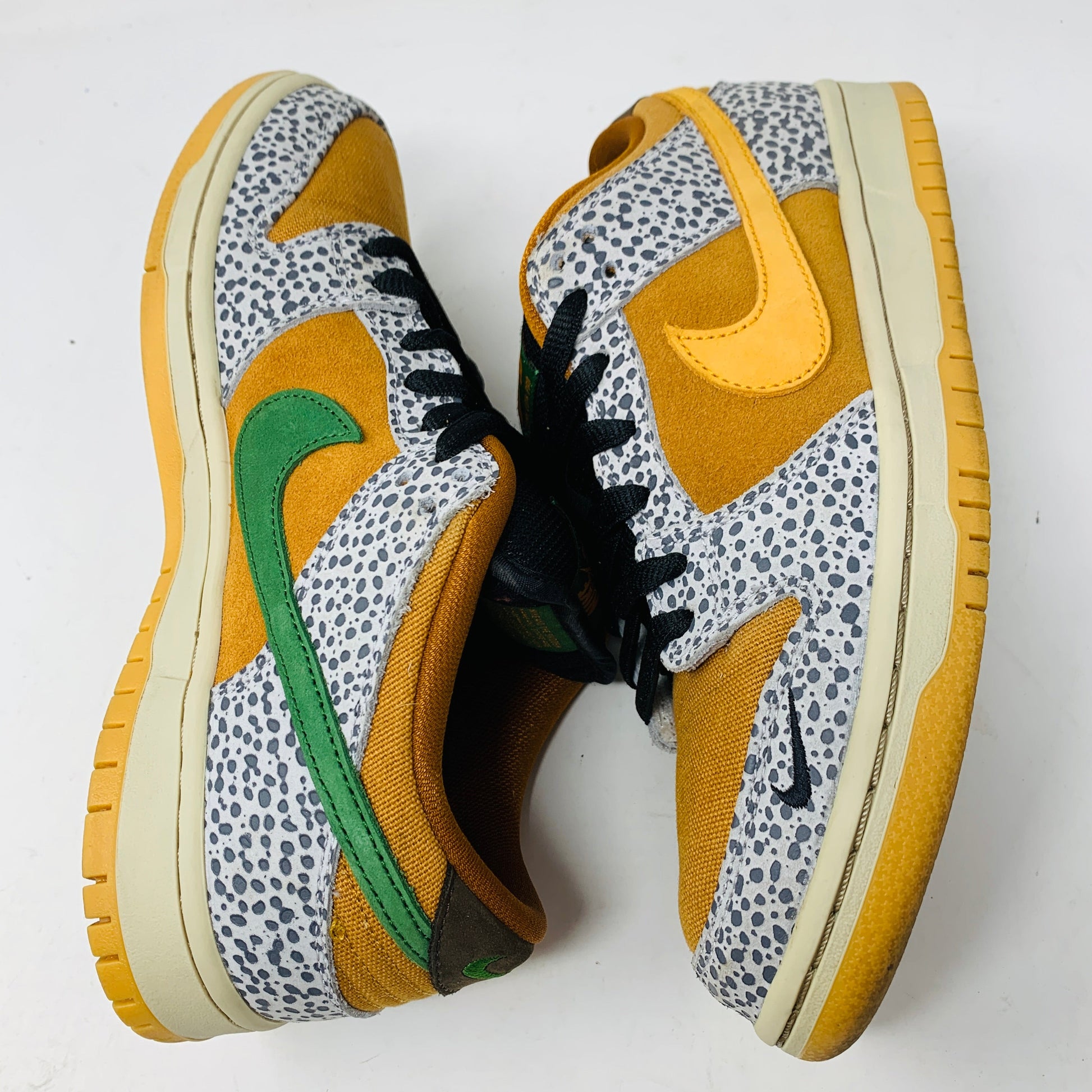 Nike SB Dunk Low Safari sneakers, size 7.5, clean, lightly worn, 2020 release with good box condition.