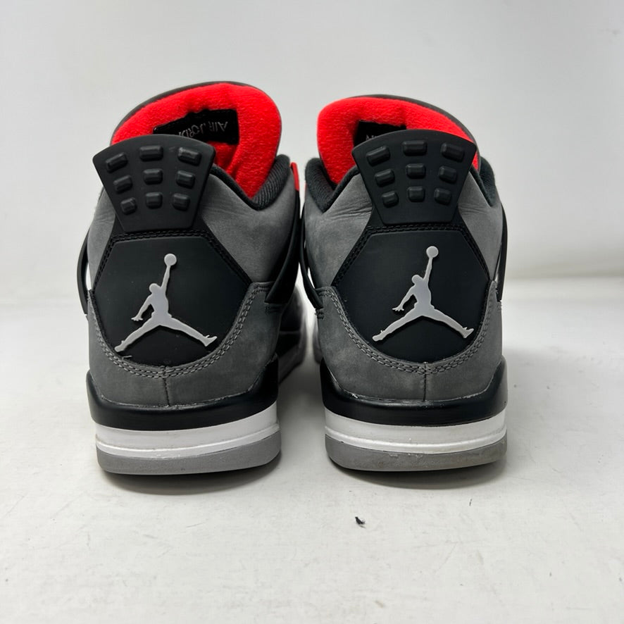 A pair of genuine Jordan 4 Retro Infrared sneakers in gray, black, and infrared is displayed on a speckled shoebox. Released in 2022, they feature a unique side mesh and infrared lace locks. The box labels them as size 9; note there are no returns.