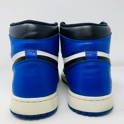 Rear view of Jordan 1 Retro High Fragment 2 sneakers in blue, black, and white colorway.