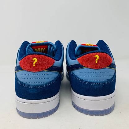 Nike SB Dunk Low "Why So Sad?" sneakers, rear view showcasing unique red and blue design with question mark detail.