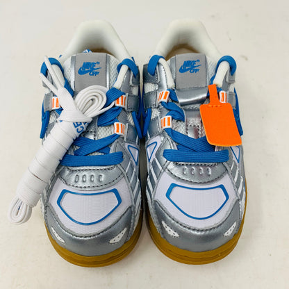 Nike Air Rubber Dunk Off-White University Blue TD toddler shoes with rubber sole and Off-White logo.