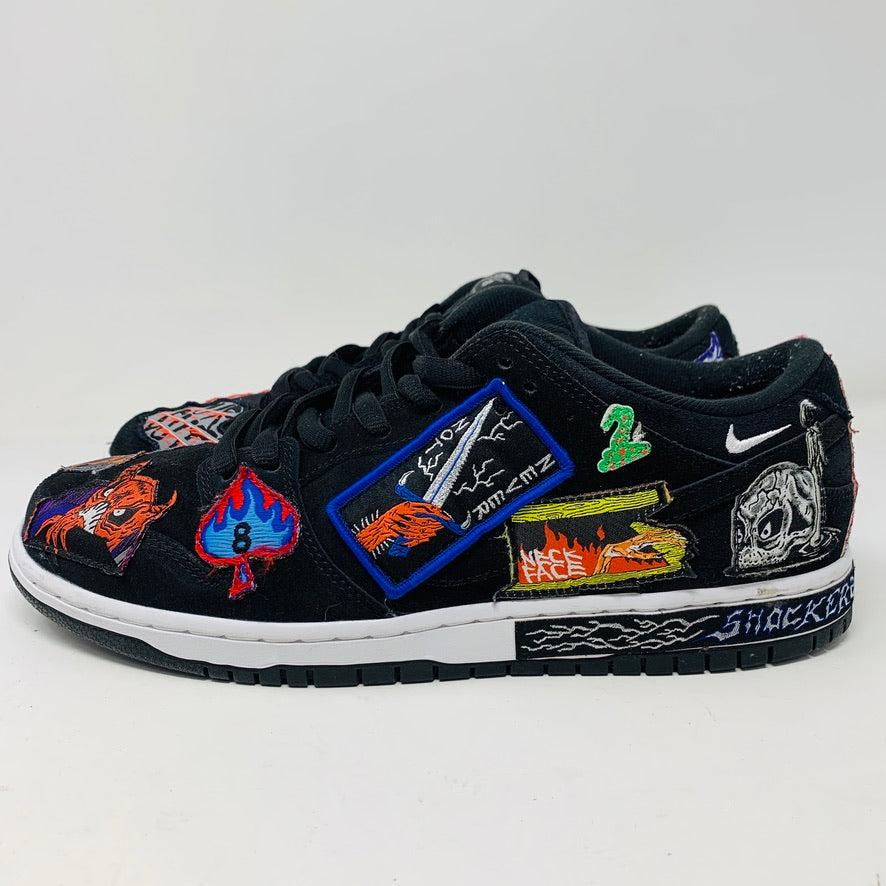 Nike SB Dunk Low Pro QS Neckface sneakers with embroidered graphics, size 11M, 2022 release.