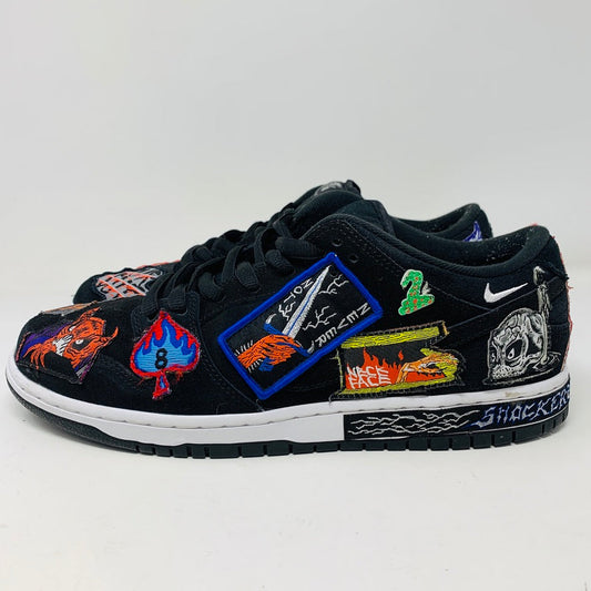 Nike SB Dunk Low Pro QS Neckface sneakers, size 11M, black with vibrant patches, no box.